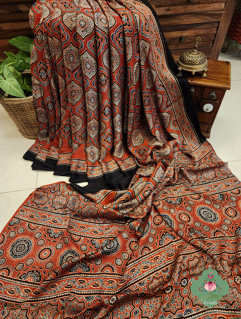 Madder Red Ajrakh Modal Silk Saree With Jharonka Motif Pallu 3