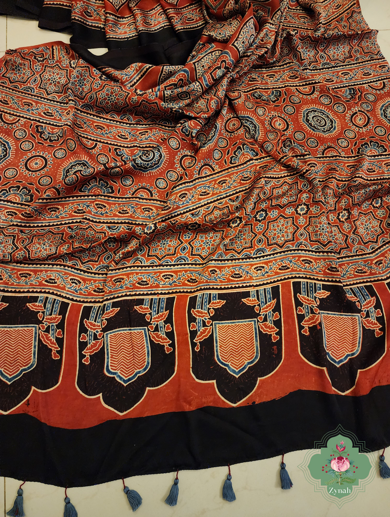Madder Red Ajrakh Modal Silk Saree With Jharonka Motif Pallu 4