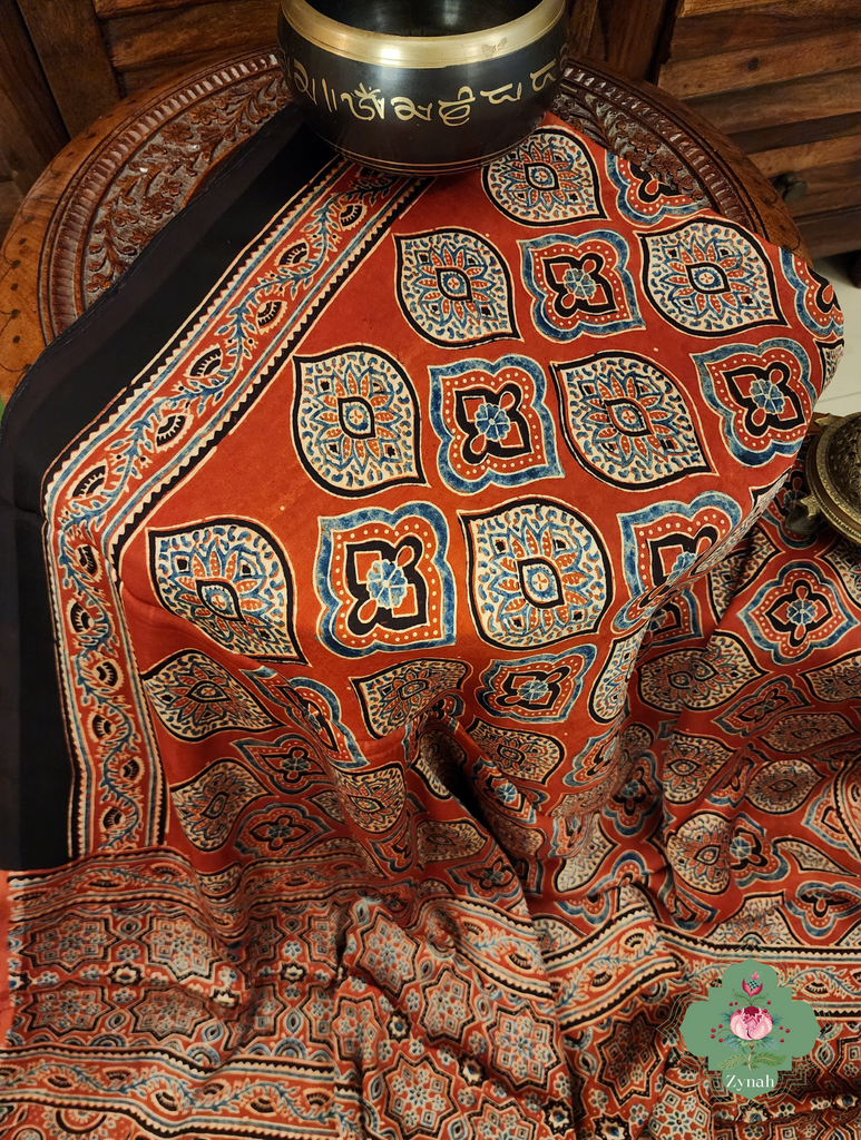 Madder Red Ajrakh Modal Silk Saree With Jharonka Motif Pallu 5