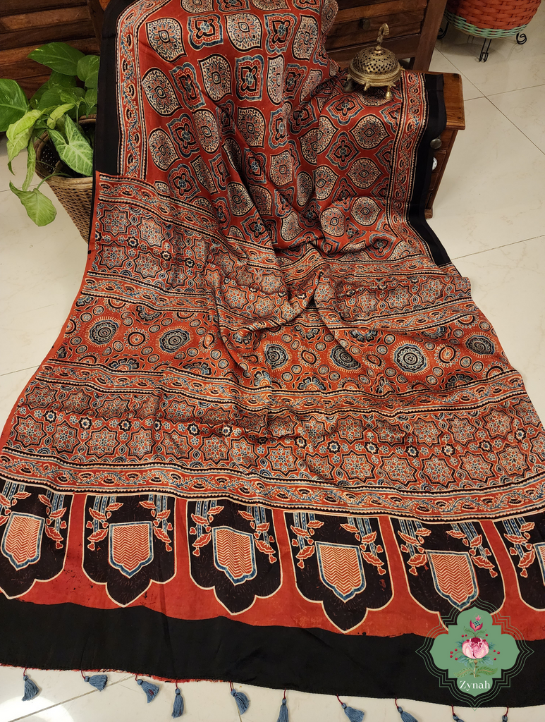 Madder Red Ajrakh Modal Silk Saree With Jharonka Motif Pallu 6