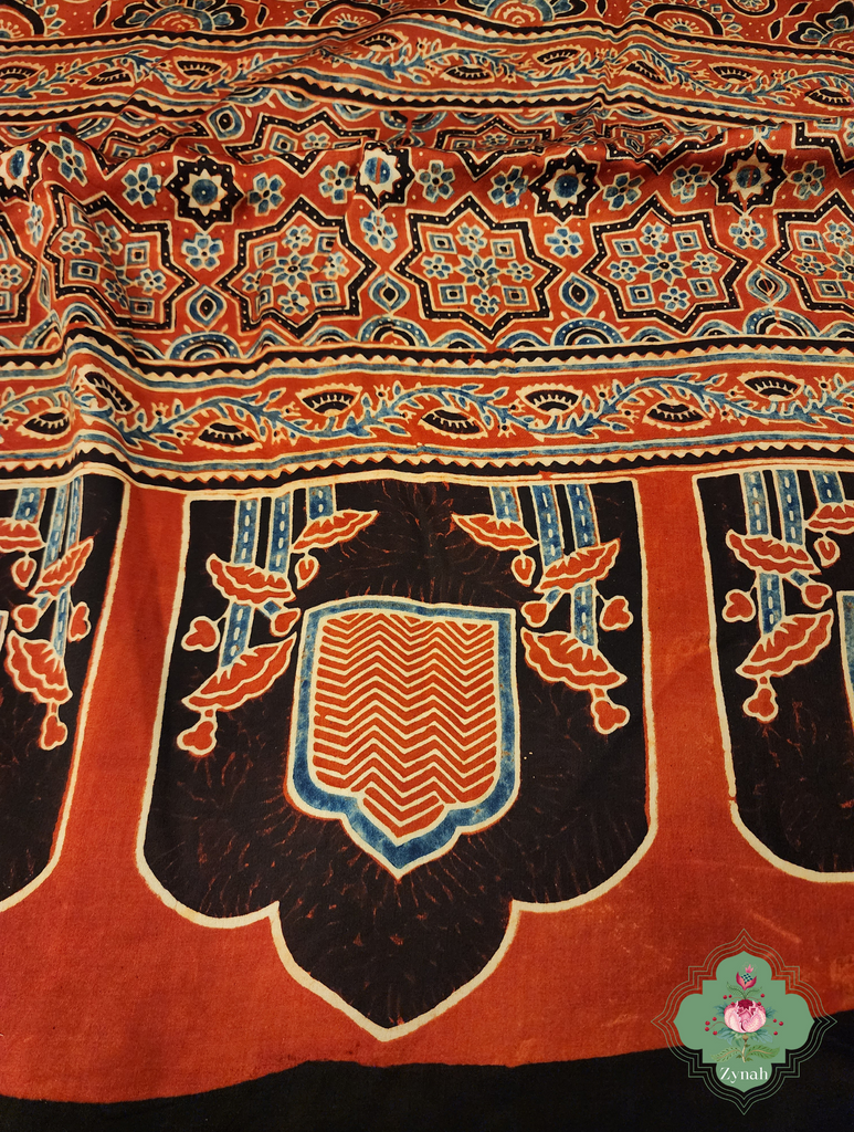 Madder Red Ajrakh Modal Silk Saree With Jharonka Motif Pallu 7