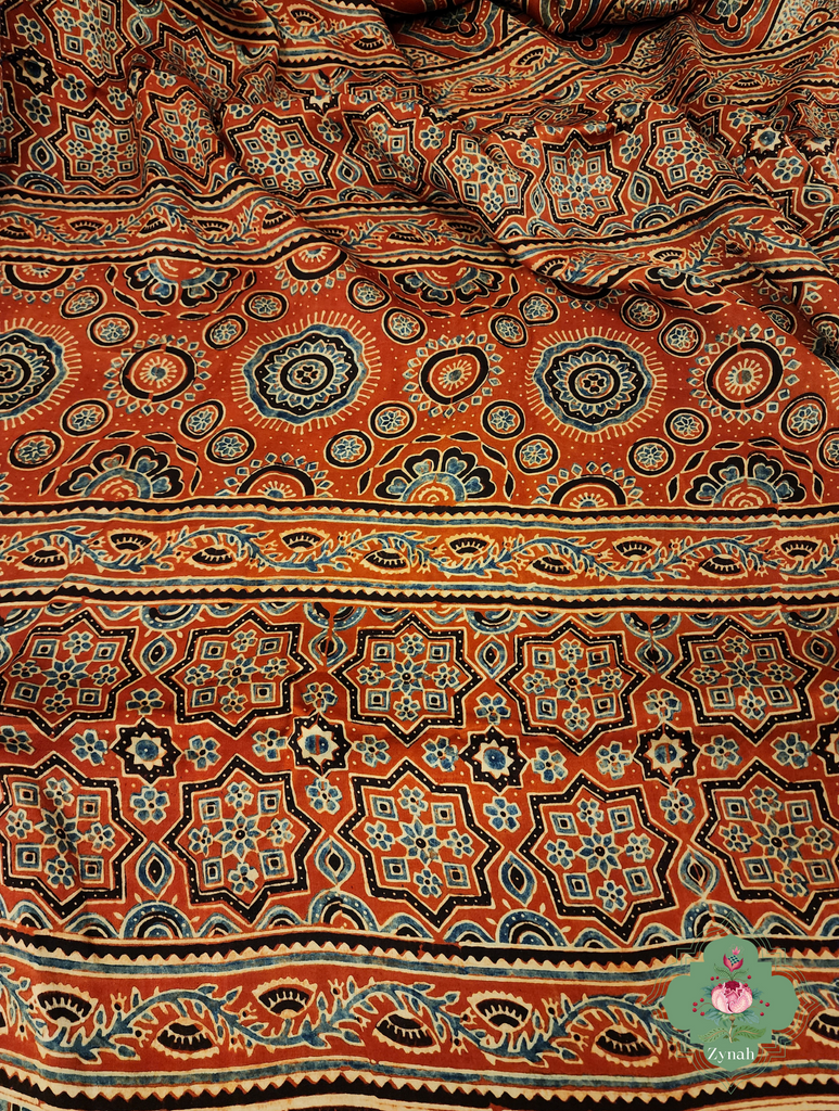Madder Red Ajrakh Modal Silk Saree With Jharonka Motif Pallu 8