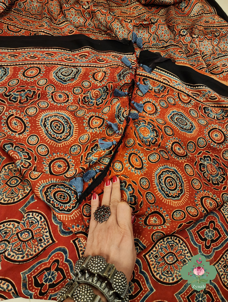 Madder Red Ajrakh Modal Silk Saree With Jharonka Motif Pallu 9