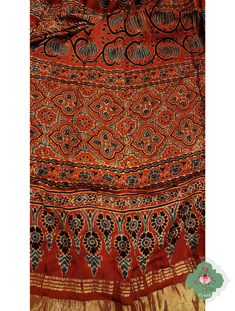 Madder Red Ajrakh Modal Silk Saree With Lagdi Patta Pallu 11