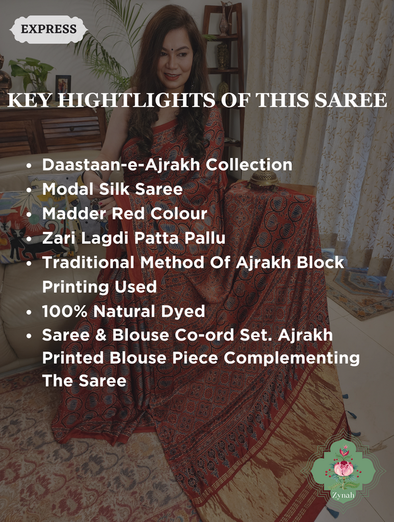 Madder Red Ajrakh Modal Silk Saree With Lagdi Patta Pallu 2