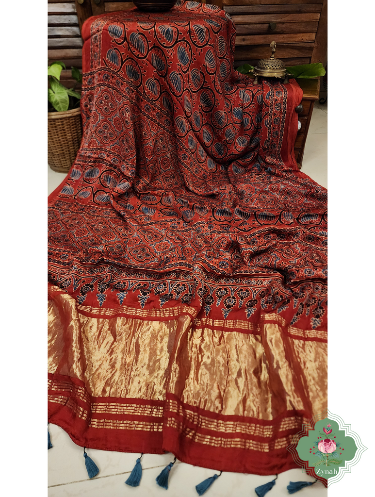 Madder Red Ajrakh Modal Silk Saree With Lagdi Patta Pallu 8