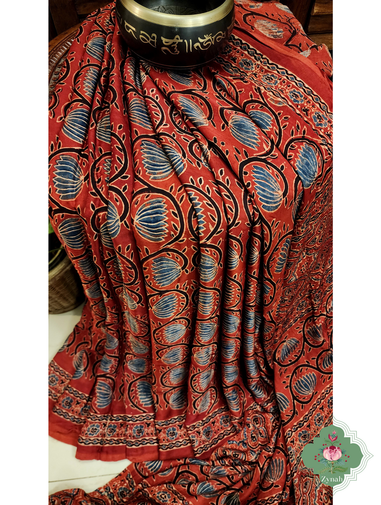 Madder Red Ajrakh Modal Silk Saree With Lagdi Patta Pallu 9