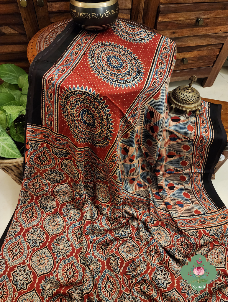 Madder Red Ajrakh Modal Silk Saree With Skirt Border 10
