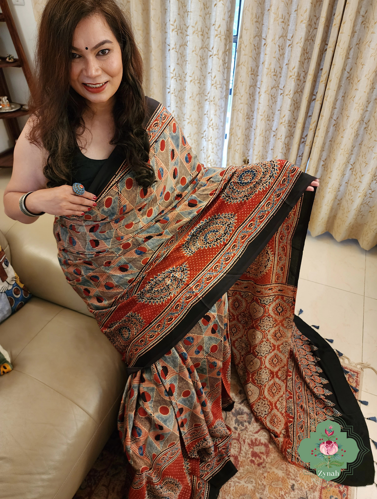 Zynah Madder Red Ajrakh Modal Silk Saree With Skirt Border, Crafted Using The Traditional Method Of Hand Block Printing Using 100% Natural Dyes; Custom Stitched/Ready-made Blouse, Fall, Petticoat; SKU: 2001202405