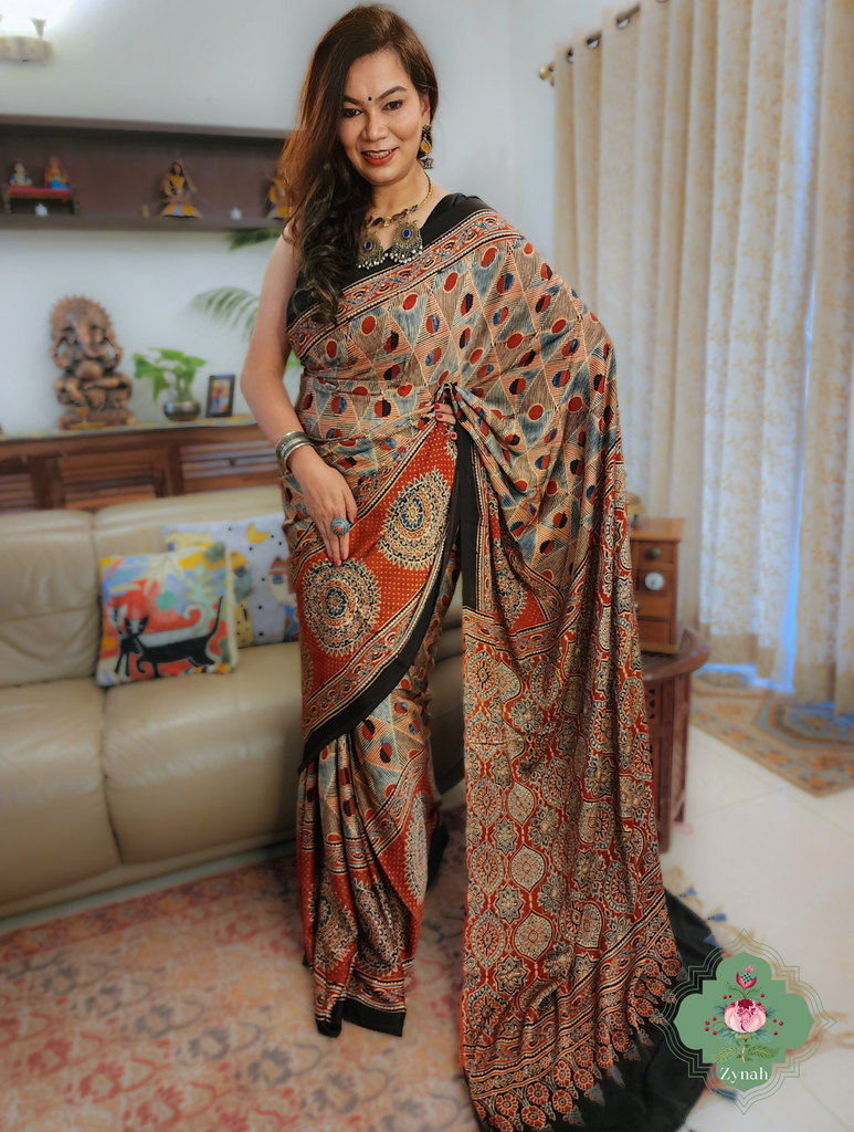Madder Red Ajrakh Modal Silk Saree With Skirt Border 1