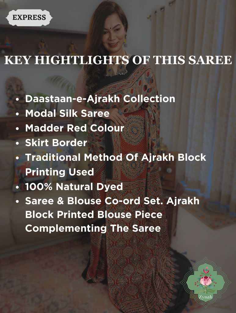 Madder Red Ajrakh Modal Silk Saree With Skirt Border 2