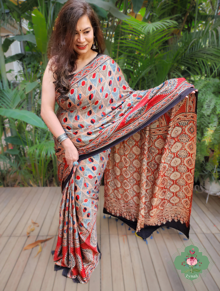 Madder Red Ajrakh Modal Silk Saree With Skirt Border 4