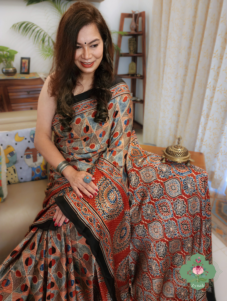 Madder Red Ajrakh Modal Silk Saree With Skirt Border 6