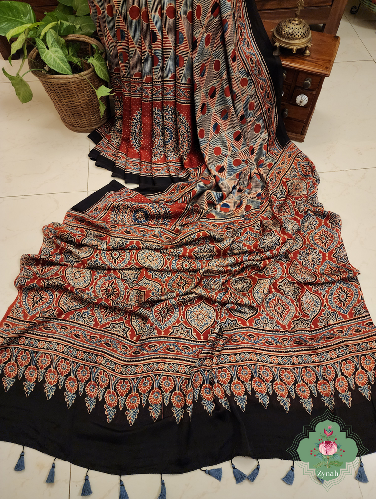 Madder Red Ajrakh Modal Silk Saree With Skirt Border 7