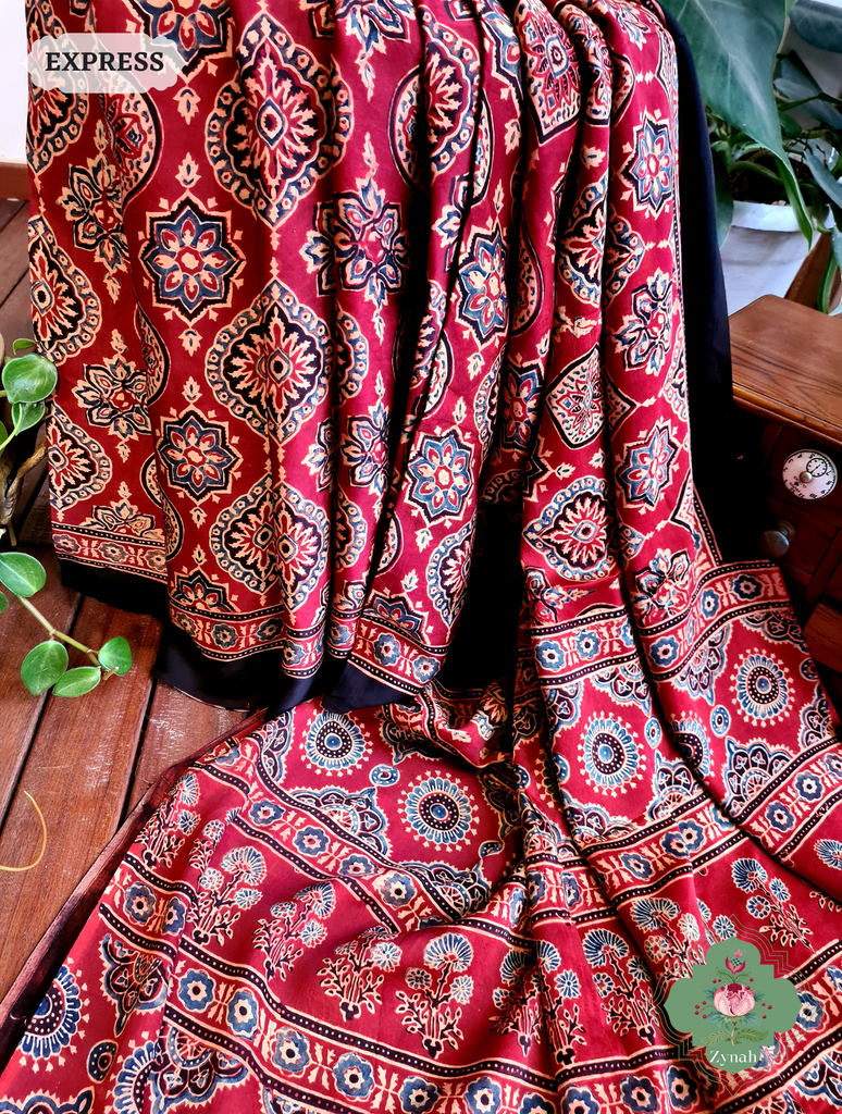 Zynah Madder Red Modal Silk Ajrakh Saree; Custom Stitched/Ready-made Blouse, Fall, Petticoat; SKU: 0809202301