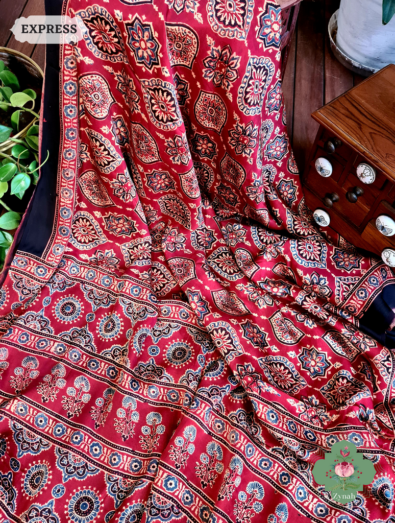 Zynah Madder Red Modal Silk Ajrakh Saree; Custom Stitched/Ready-made Blouse, Fall, Petticoat; SKU: 0809202301