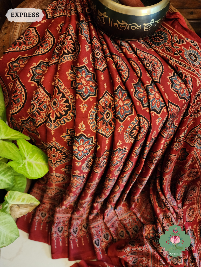 Zynah Madder Red Modal Silk Ajrakh Saree With Zari Lagdi  Patta on Pallu; Custom Stitched/Ready-made Blouse, Fall, Petticoat; SKU: 0809202302