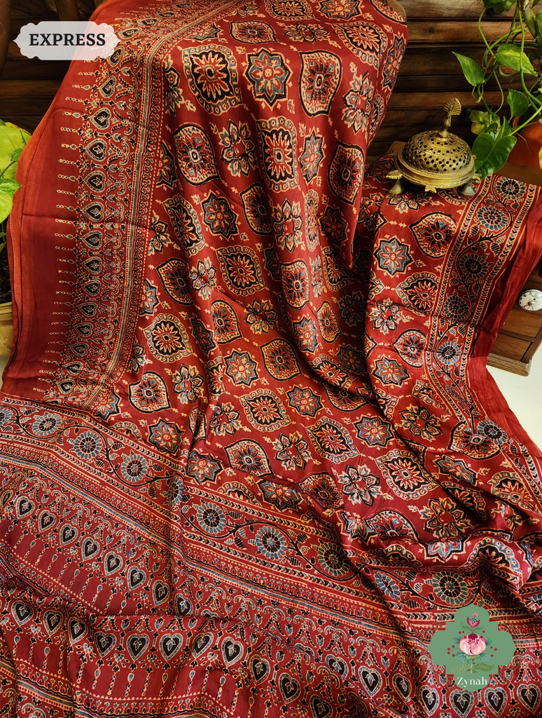 Zynah Madder Red Modal Silk Ajrakh Saree With Zari Lagdi  Patta on Pallu; Custom Stitched/Ready-made Blouse, Fall, Petticoat; SKU: 0809202302