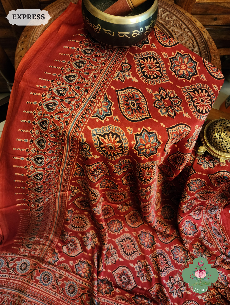 Zynah Madder Red Modal Silk Ajrakh Saree With Zari Lagdi  Patta on Pallu; Custom Stitched/Ready-made Blouse, Fall, Petticoat; SKU: 0809202302