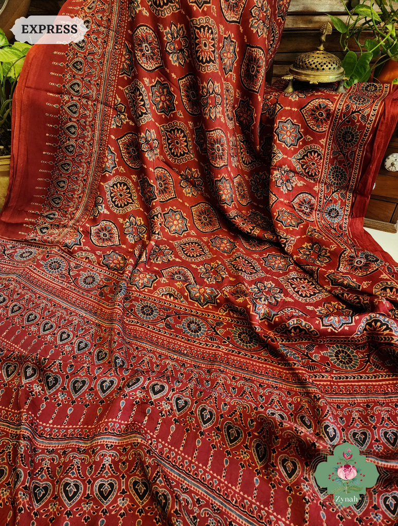 Zynah Madder Red Modal Silk Ajrakh Saree With Zari Lagdi  Patta on Pallu; Custom Stitched/Ready-made Blouse, Fall, Petticoat; SKU: 0809202302
