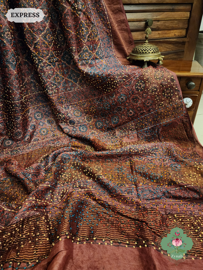 Madder Red Ajrakh Pure Tussar Silk Saree, 100% Natural Dyed & Embroidery hightlights