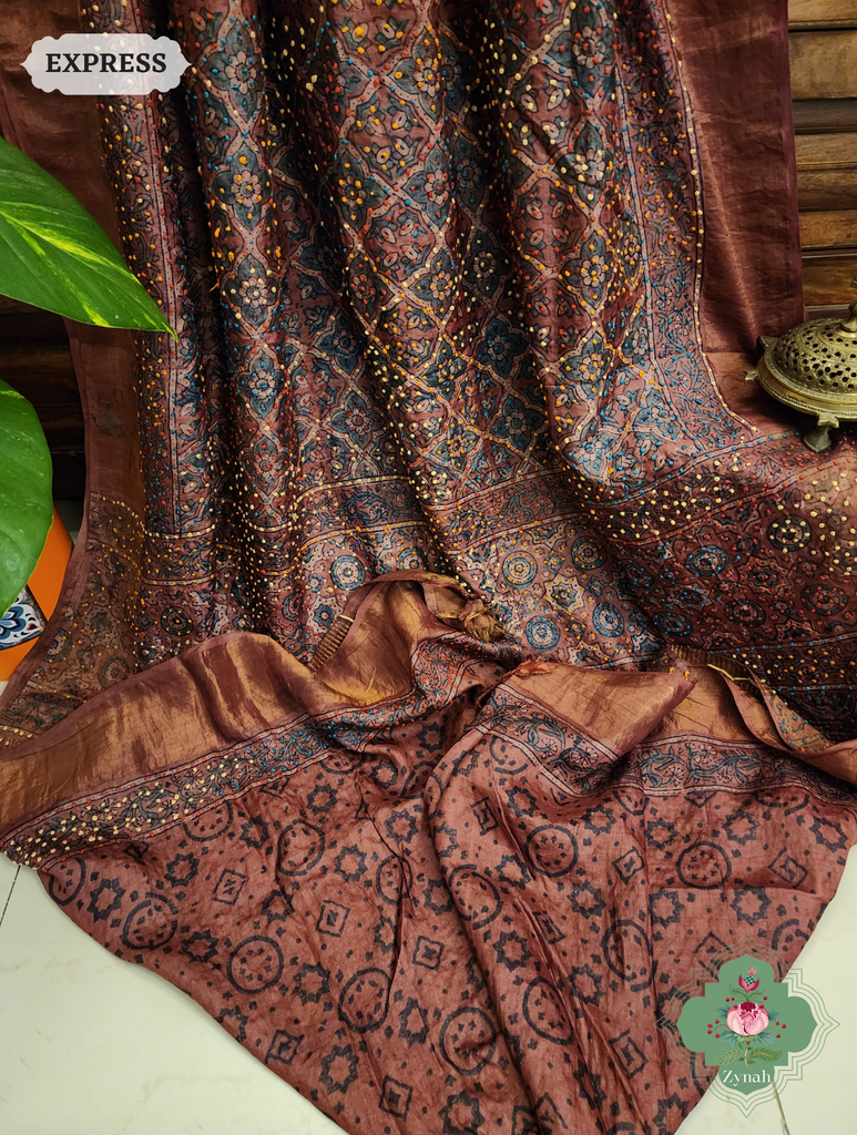 Madder Red Ajrakh Pure Tussar Silk Saree, 100% Natural Dyed & Embroidery hightlights