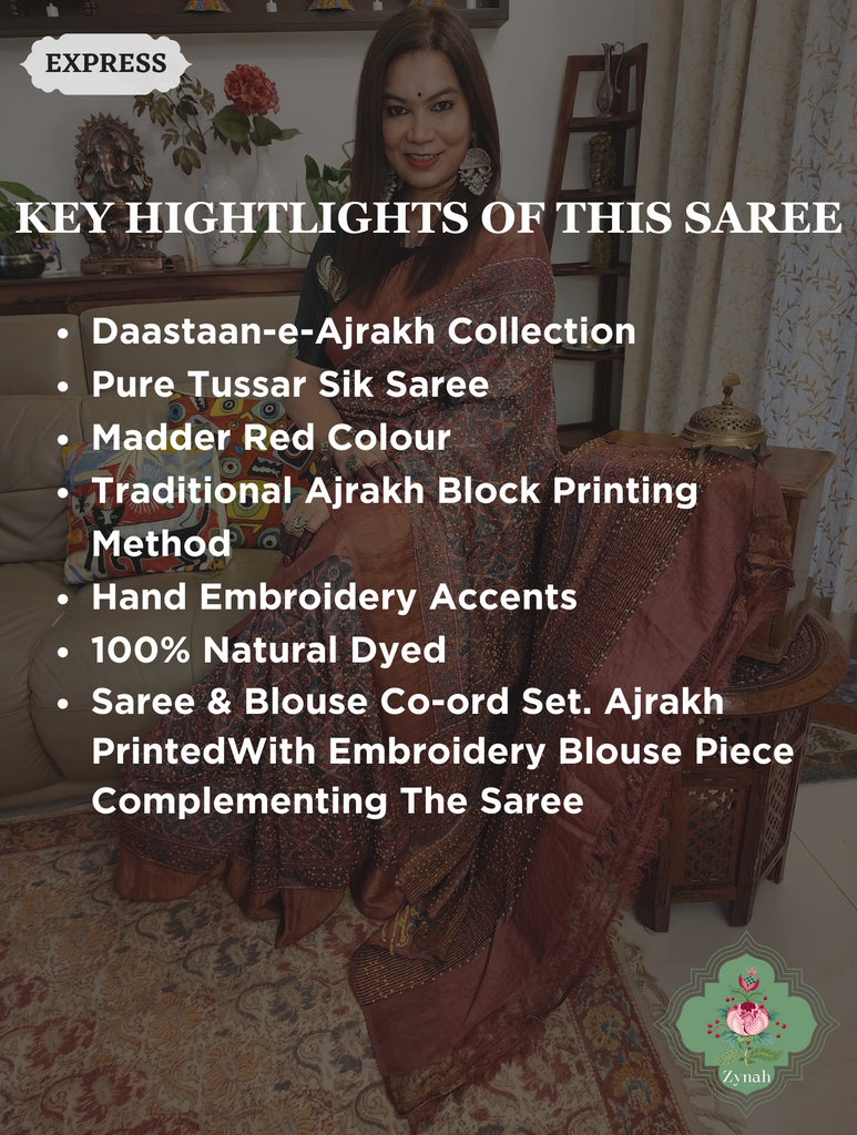 Madder Red Ajrakh Pure Tussar Silk Saree, 100% Natural Dyed & Embroidery hightlights