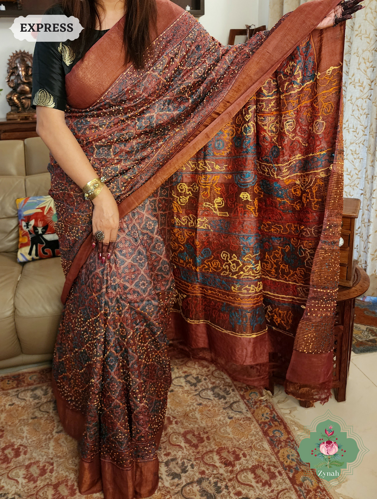 Madder Red Ajrakh Pure Tussar Silk Saree, 100% Natural Dyed & Embroidery hightlights