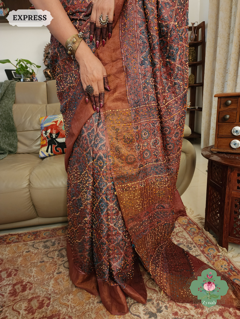 Madder Red Ajrakh Pure Tussar Silk Saree, 100% Natural Dyed & Embroidery hightlights