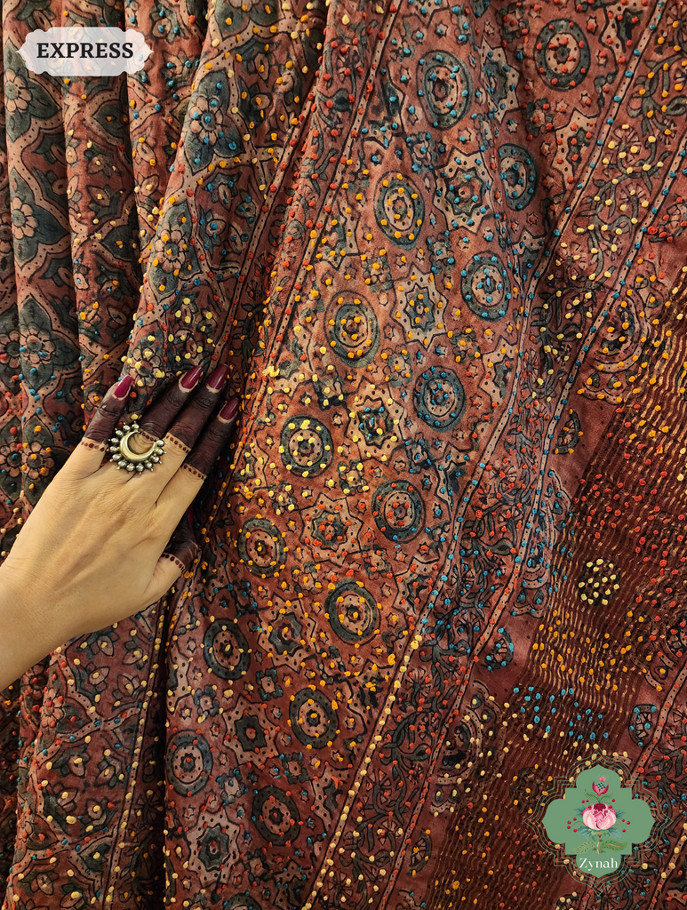 Madder Red Ajrakh Pure Tussar Silk Saree, 100% Natural Dyed & Embroidery hightlights