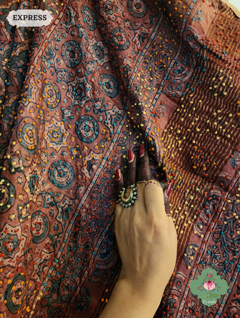 Madder Red Ajrakh Pure Tussar Silk Saree, 100% Natural Dyed & Embroidery hightlights