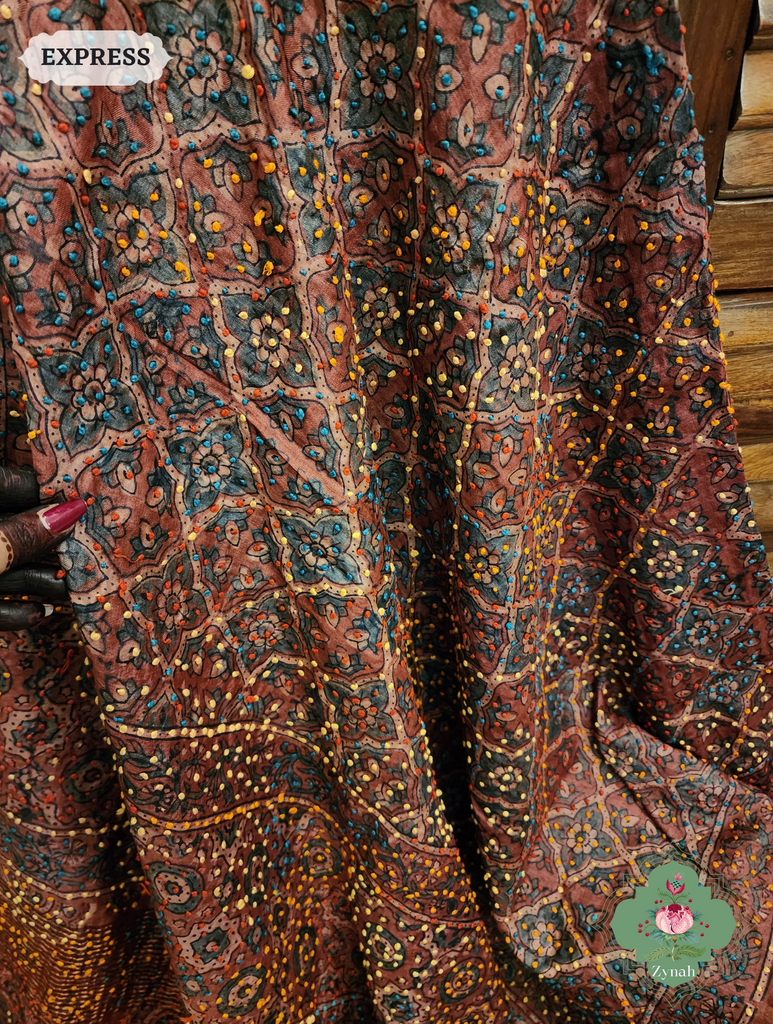 Madder Red Ajrakh Pure Tussar Silk Saree, 100% Natural Dyed & Embroidery hightlights