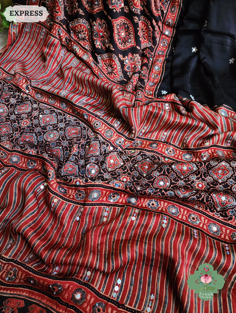 Zynah Madder Red & Black Ajrakh Modal Silk Saree With Sequins Highlight Crafted Using The Traditional Method Of Hand Block Printing Using 100% Natural Dyes; Custom Stitched/Ready-made Blouse, Fall, Petticoat; SKU: 1402202506