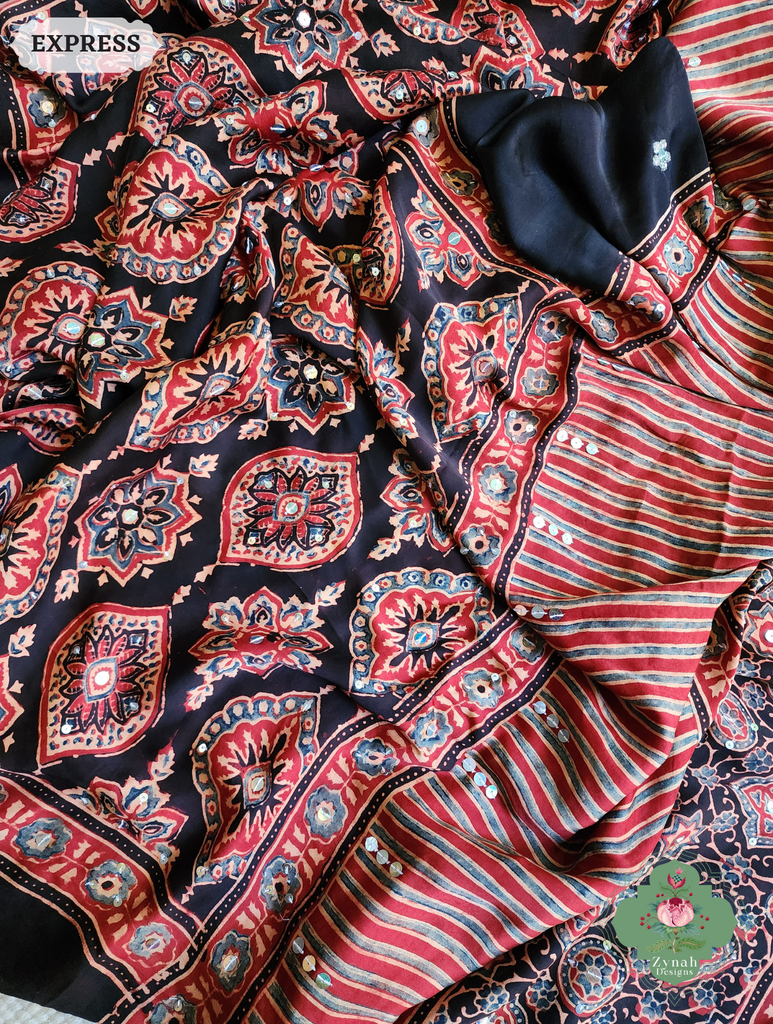 Zynah Madder Red & Black Ajrakh Modal Silk Saree With Sequins Highlight Crafted Using The Traditional Method Of Hand Block Printing Using 100% Natural Dyes; Custom Stitched/Ready-made Blouse, Fall, Petticoat; SKU: 1402202506