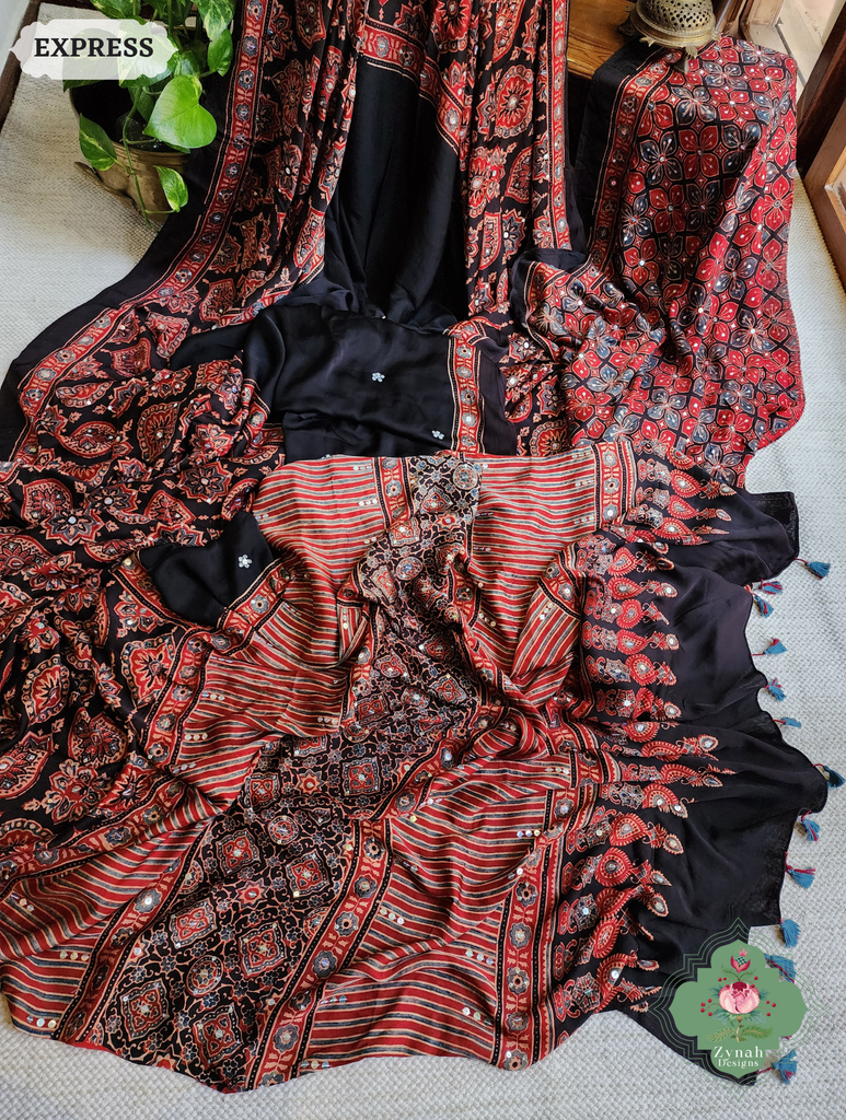 Zynah Madder Red & Black Ajrakh Modal Silk Saree With Sequins Highlight Crafted Using The Traditional Method Of Hand Block Printing Using 100% Natural Dyes; Custom Stitched/Ready-made Blouse, Fall, Petticoat; SKU: 1402202506
