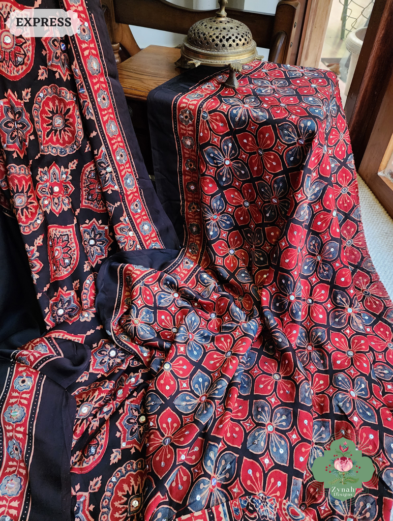 Zynah Madder Red & Black Ajrakh Modal Silk Saree With Sequins Highlight Crafted Using The Traditional Method Of Hand Block Printing Using 100% Natural Dyes; Custom Stitched/Ready-made Blouse, Fall, Petticoat; SKU: 1402202506