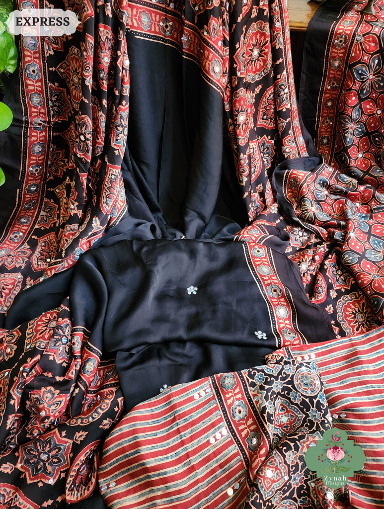 Zynah Madder Red & Black Ajrakh Modal Silk Saree With Sequins Highlight Crafted Using The Traditional Method Of Hand Block Printing Using 100% Natural Dyes; Custom Stitched/Ready-made Blouse, Fall, Petticoat; SKU: 1402202506