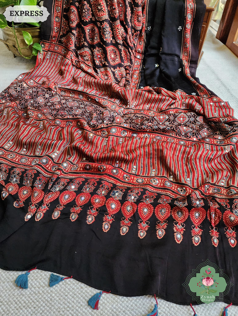 Zynah Madder Red & Black Ajrakh Modal Silk Saree With Sequins Highlight Crafted Using The Traditional Method Of Hand Block Printing Using 100% Natural Dyes; Custom Stitched/Ready-made Blouse, Fall, Petticoat; SKU: 1402202506