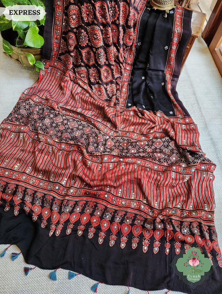 Zynah Madder Red & Black Ajrakh Modal Silk Saree With Sequins Highlight Crafted Using The Traditional Method Of Hand Block Printing Using 100% Natural Dyes; Custom Stitched/Ready-made Blouse, Fall, Petticoat; SKU: 1402202506