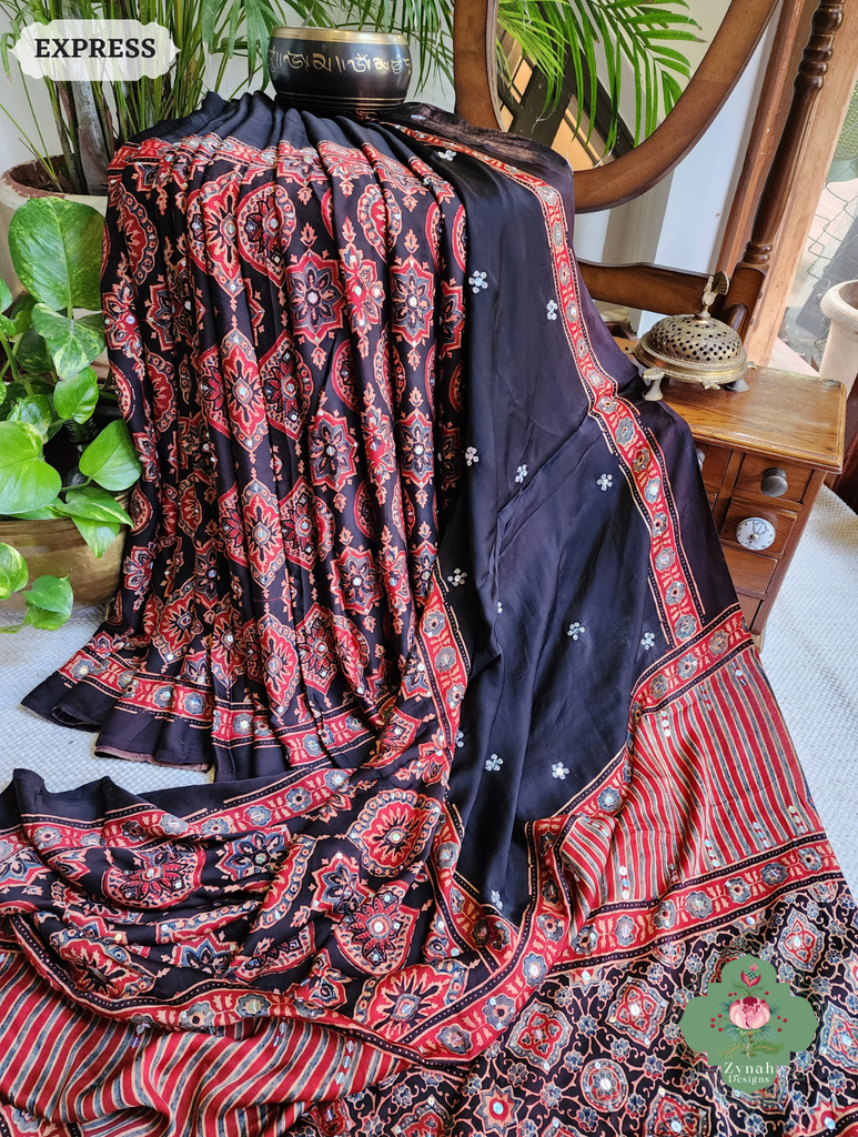 Zynah Madder Red & Black Ajrakh Modal Silk Saree With Sequins Highlight Crafted Using The Traditional Method Of Hand Block Printing Using 100% Natural Dyes; Custom Stitched/Ready-made Blouse, Fall, Petticoat; SKU: 1402202506