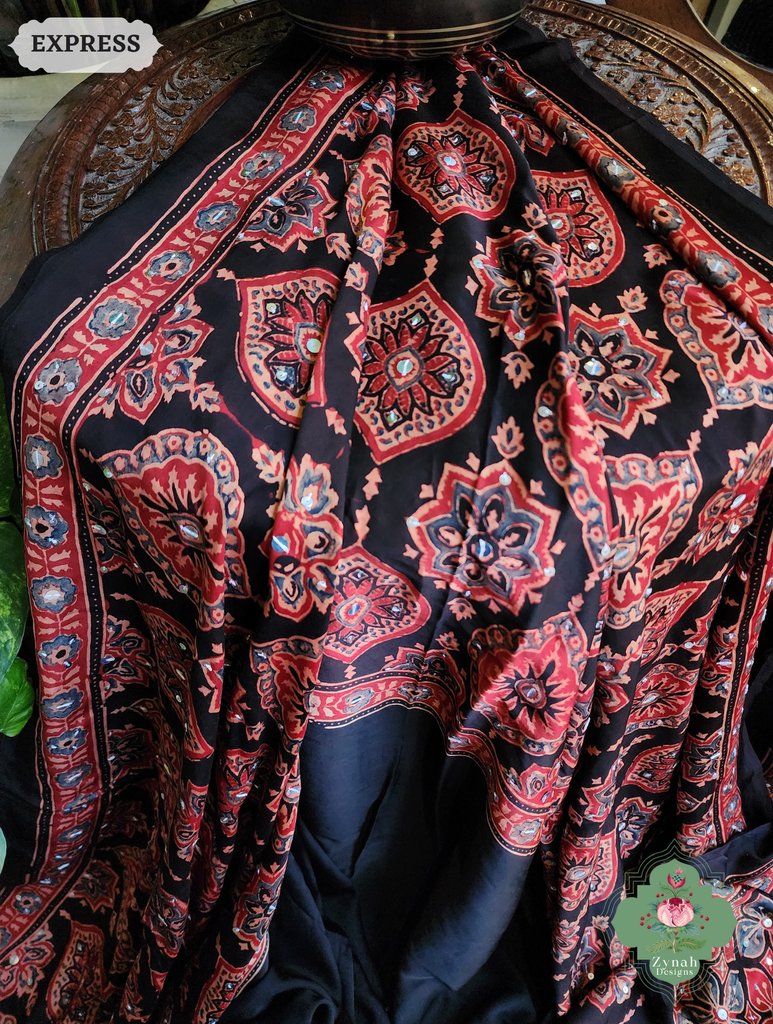 Zynah Madder Red & Black Ajrakh Modal Silk Saree With Sequins Highlight Crafted Using The Traditional Method Of Hand Block Printing Using 100% Natural Dyes; Custom Stitched/Ready-made Blouse, Fall, Petticoat; SKU: 1402202506