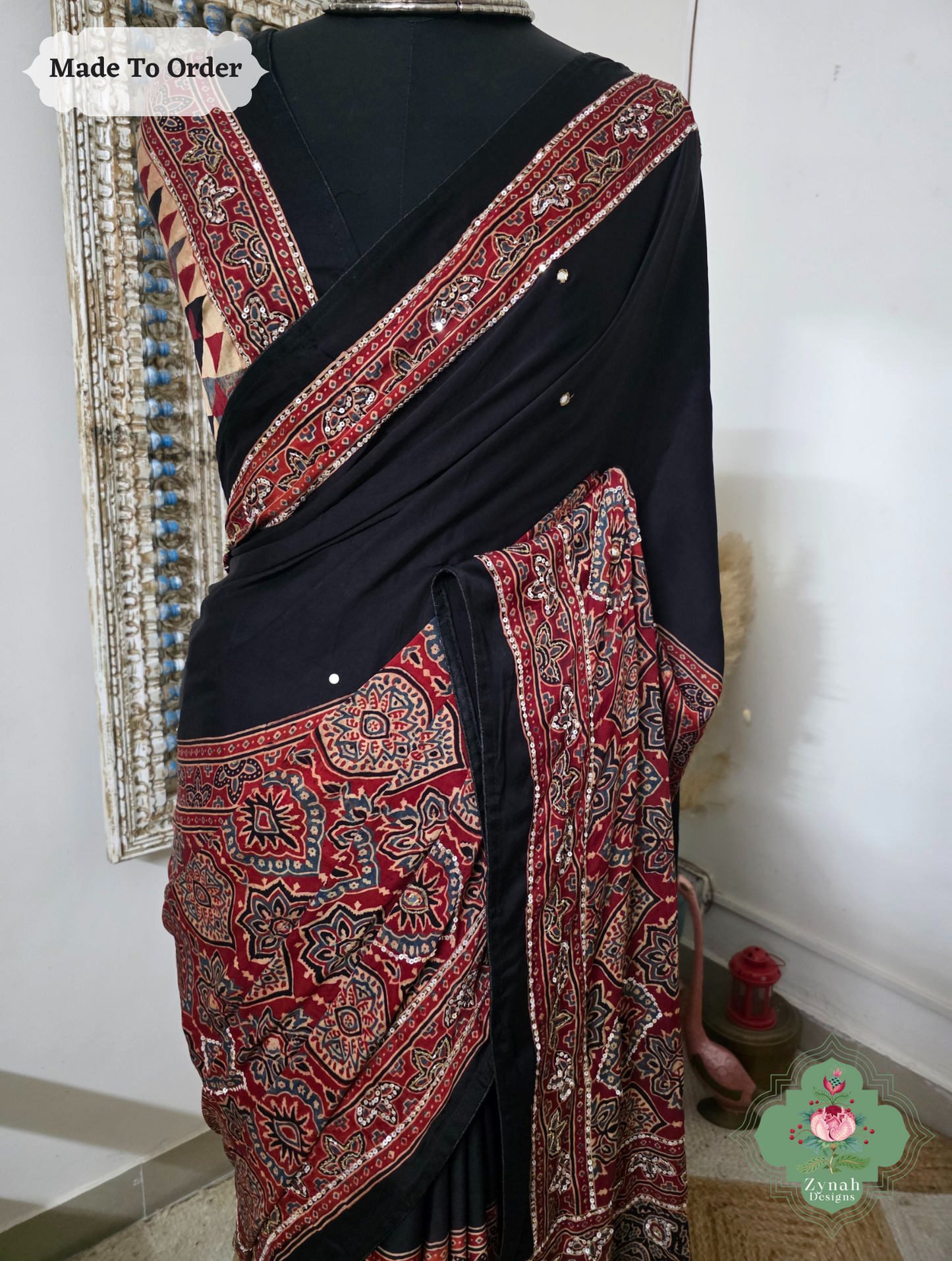 Zynah Made To Order Madder Red & Black Ajrakh Modal Silk Saree With Hand Embellishments; Custom Stitched/Ready-made Blouse, Fall, Petticoat; SKU:1909202509