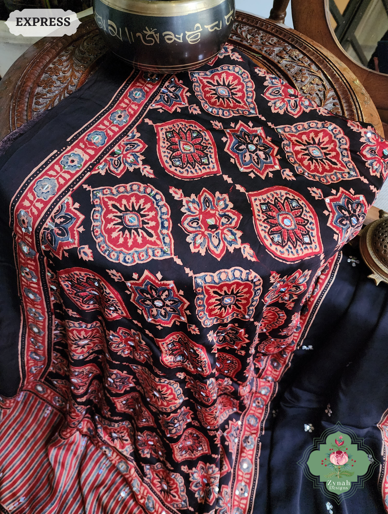 Zynah Madder Red & Black Ajrakh Modal Silk Saree With Sequins Highlight Crafted Using The Traditional Method Of Hand Block Printing Using 100% Natural Dyes; Custom Stitched/Ready-made Blouse, Fall, Petticoat; SKU: 1402202506