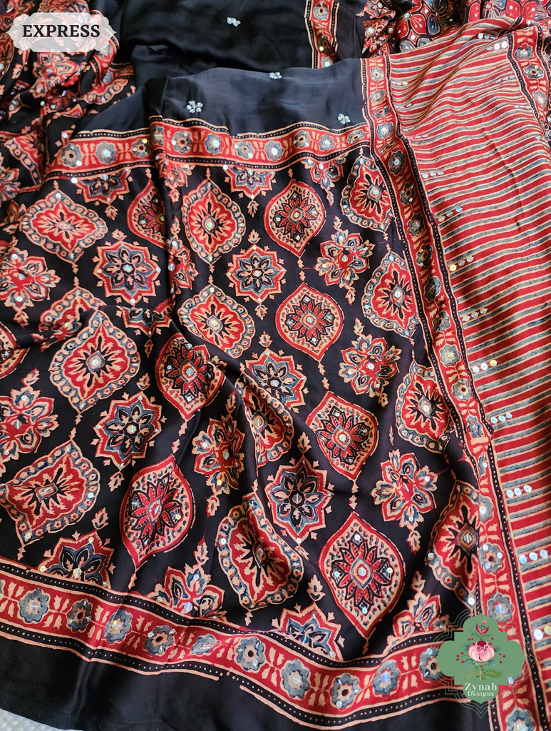 Zynah Madder Red & Black Ajrakh Modal Silk Saree With Sequins Highlight Crafted Using The Traditional Method Of Hand Block Printing Using 100% Natural Dyes; Custom Stitched/Ready-made Blouse, Fall, Petticoat; SKU: 1402202506