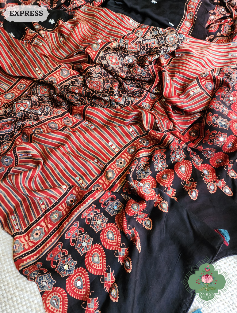 Zynah Madder Red & Black Ajrakh Modal Silk Saree With Sequins Highlight Crafted Using The Traditional Method Of Hand Block Printing Using 100% Natural Dyes; Custom Stitched/Ready-made Blouse, Fall, Petticoat; SKU: 1402202506
