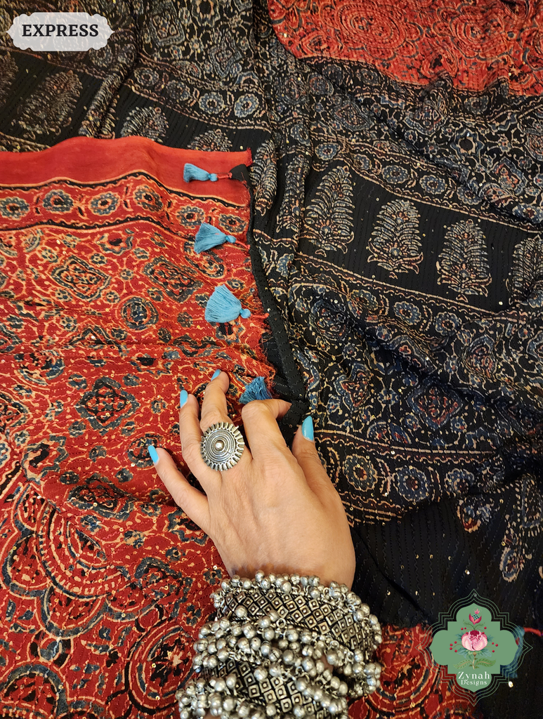 Zynah Madder Red & Black Hand-Block Printed Georgette Silk Ajrakh Saree with Sequins Highlight; Custom Stitched/Ready-made Blouse, Fall, Petticoat; SKU: 1004202503
