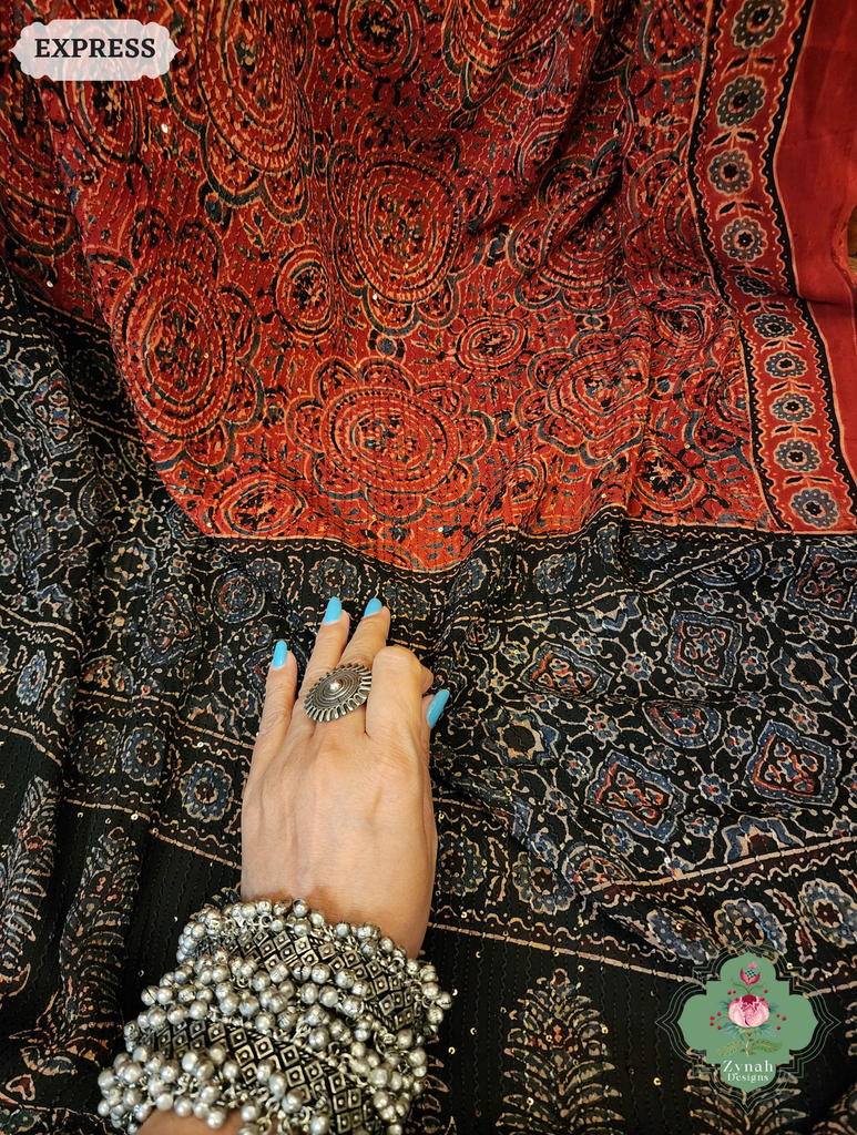 Zynah Madder Red & Black Hand-Block Printed Georgette Silk Ajrakh Saree with Sequins Highlight; Custom Stitched/Ready-made Blouse, Fall, Petticoat; SKU: 1004202503