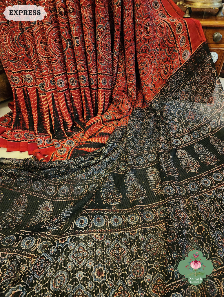 Zynah Madder Red & Black Hand-Block Printed Georgette Silk Ajrakh Saree with Sequins Highlight; Custom Stitched/Ready-made Blouse, Fall, Petticoat; SKU: 1004202503