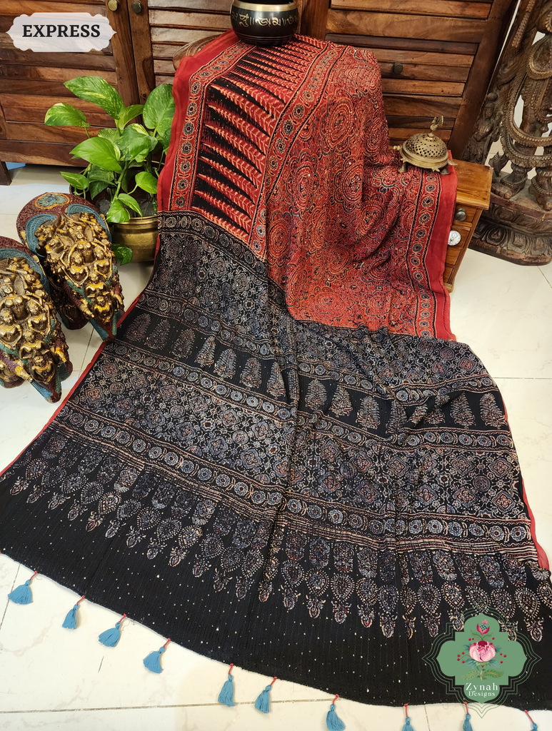 Zynah Madder Red & Black Hand-Block Printed Georgette Silk Ajrakh Saree with Sequins Highlight; Custom Stitched/Ready-made Blouse, Fall, Petticoat; SKU: 1004202503