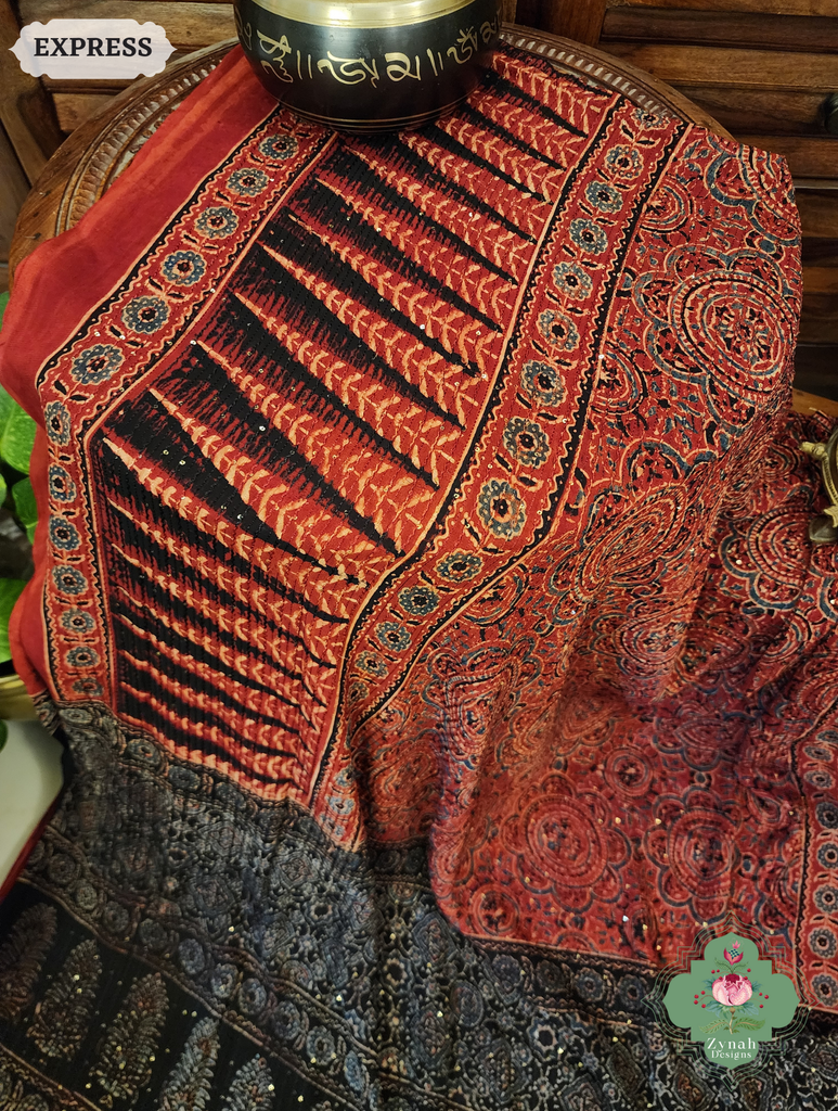 Zynah Madder Red & Black Hand-Block Printed Georgette Silk Ajrakh Saree with Sequins Highlight; Custom Stitched/Ready-made Blouse, Fall, Petticoat; SKU: 1004202503